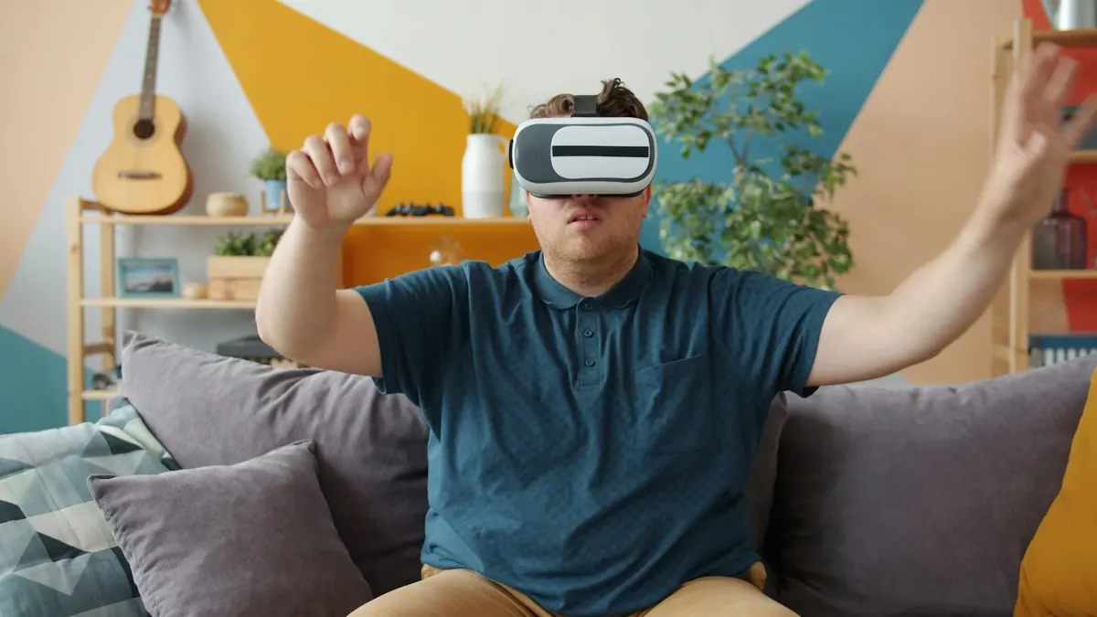 Man exploring a virtual reality scene with a headset